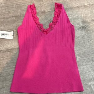 BiBi Lace-Trim Ribbed V-Neck Tank - Fuchsia